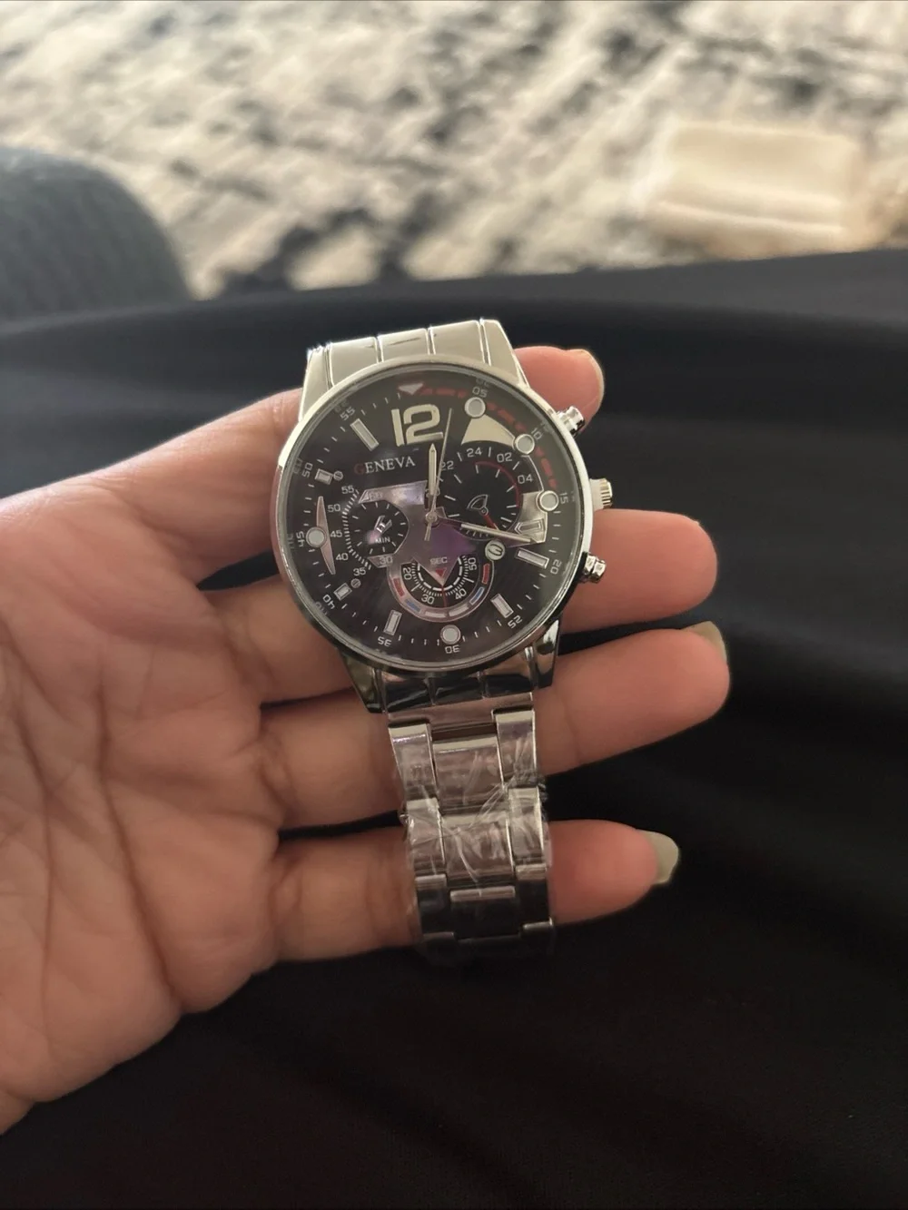 Geneva Silver Bracelet Watch with Black Dial and White Accents